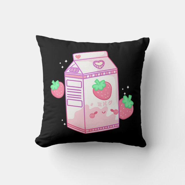 Almofada Cute Pink Strawberry Milk Japanese Kawaii Retro s  (Frente)