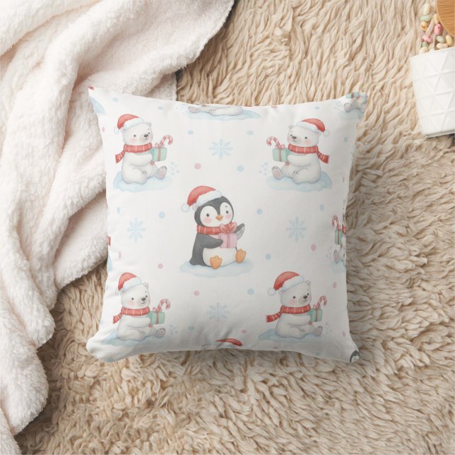 Almofada Cute Polar Bears & Penguins Christmas Throw Pillow (Cobertor)