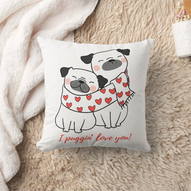 Almofada Cute Pug Couple with Hearts Illustration (Cobertor)