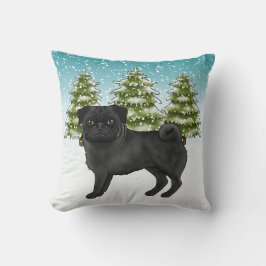 Almofada Cute Pug Preto Desenho Animado Floresta de Inverno