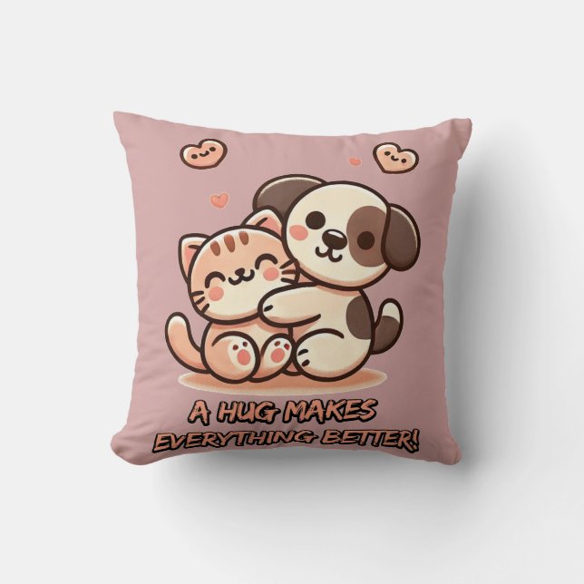 Almofada Cute Puppy & Kitten Hug - Adorável Design Kawaii (Frente)