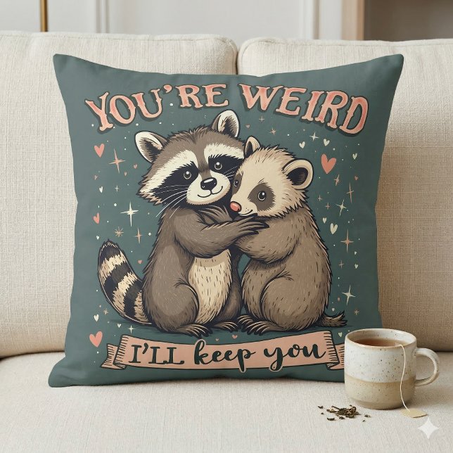 Almofada Cute Raccoon e Ferret Hug com uma citação engraçad (Cute Raccoon and Ferret Hug with Funny Quote Throw Pillow Mockup A)