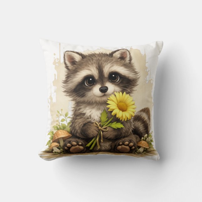 Almofada Cute Raccoon Flower Pillow Kawaii Animal (Frente)