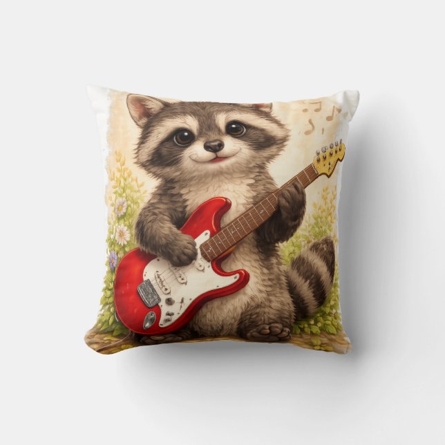 Almofada Cute Raccoon Playing Guitar Kawaii Animal Music Lo (Frente)
