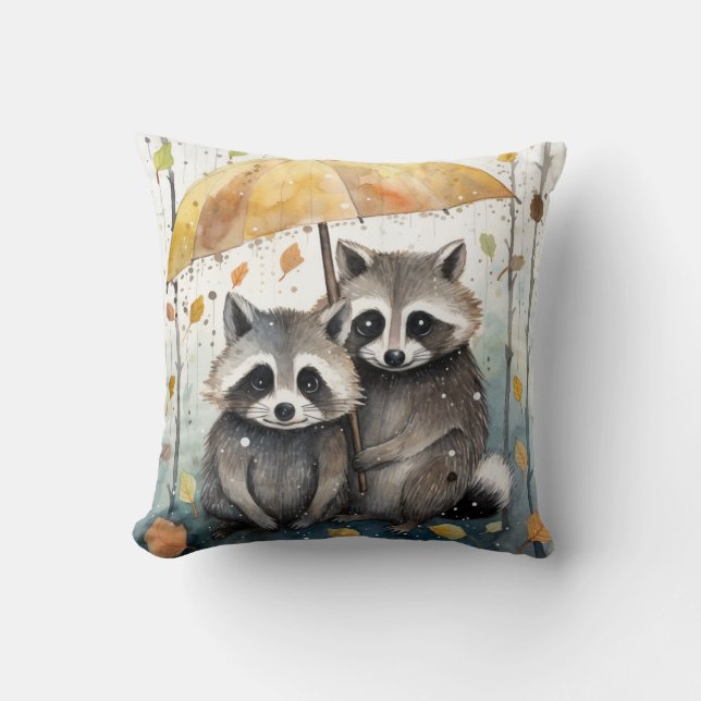 Almofada Cute Raccoons in the Rain (Frente)