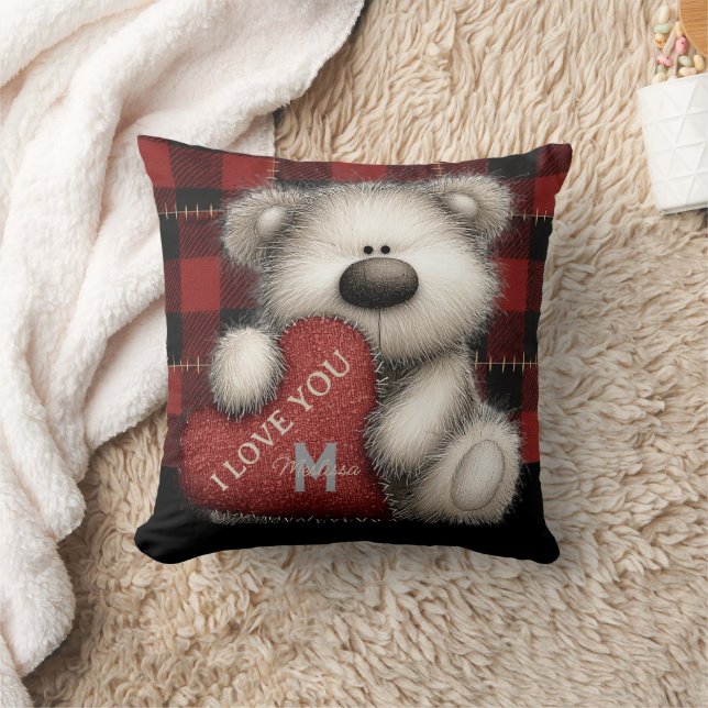 Almofada Cute Red Plaid Bear I Love You Custom Monogram (Cobertor)