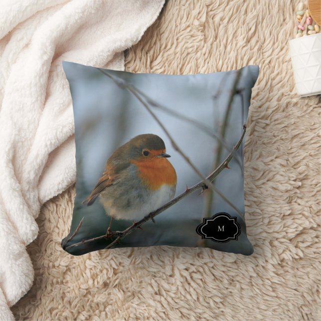 Almofada Cute Robin red breast bird monogrammed photo (Cobertor)