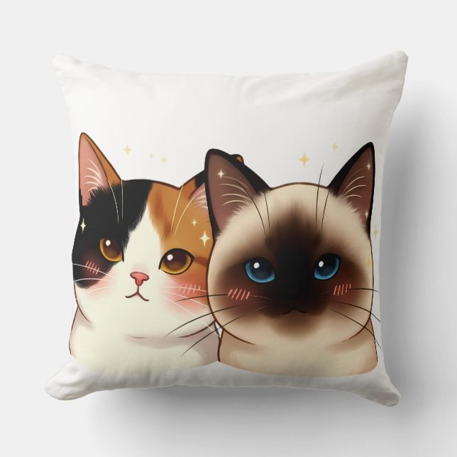 Almofada Cute Siamese & Calico Cat Portrait Duo | Adorable  (Frente)