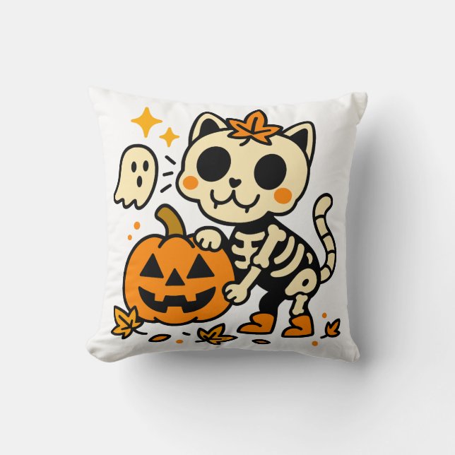 Almofada Cute Skeleton Cat with Pumpkin Throw Pillow (Frente)