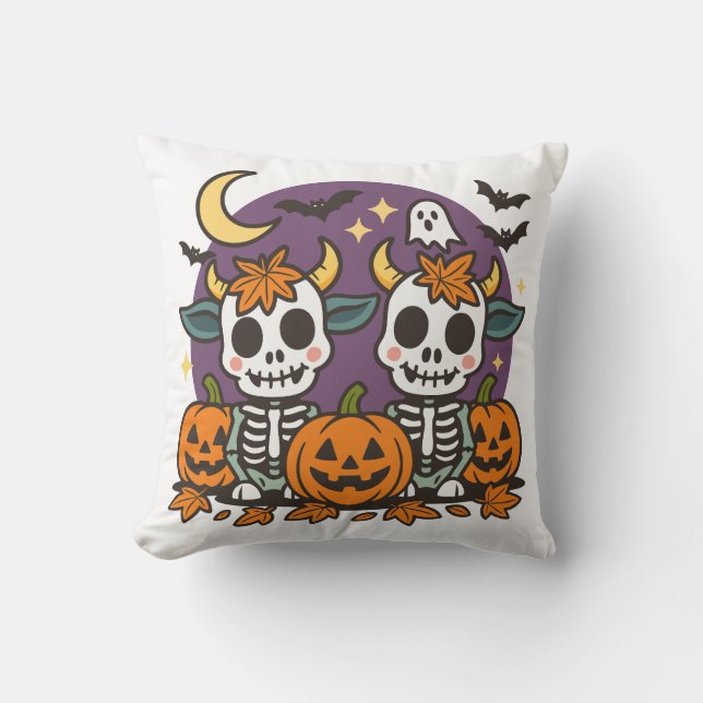 Almofada Cute Spooky Skeleton Cows Throw Pillow (Frente)