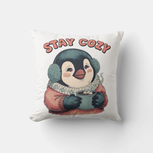 Almofada Cute Stay Cozy Penguin Drinking Hot Cocoa T-Shirt (Frente)