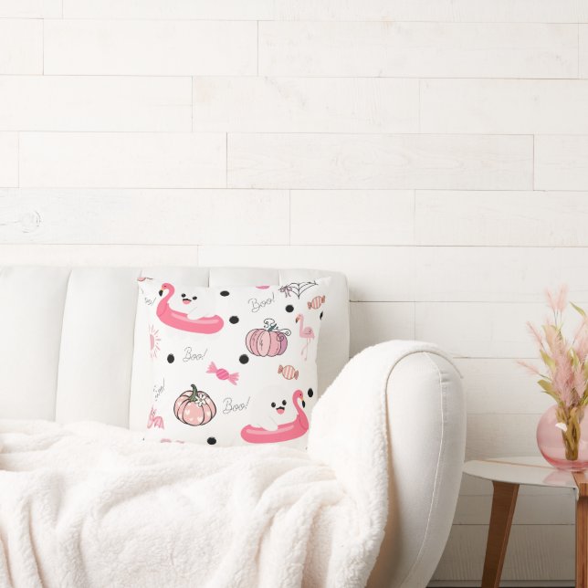 Almofada Cute Tropical Halloween – Fantasmas & Flamingos (Sofá)