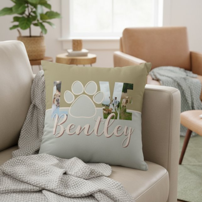 Almofada Cute Two Tone Dog Photo Love Paw Print (Create a cute keepsake of your best friend with this Cute Two Tone Dog Photo Love Paw Print Pillow!)