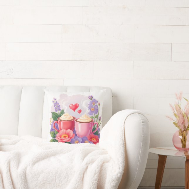 Almofada Cute Valentine Cocoa Mugs with Flowers & Hearts (Sofá)
