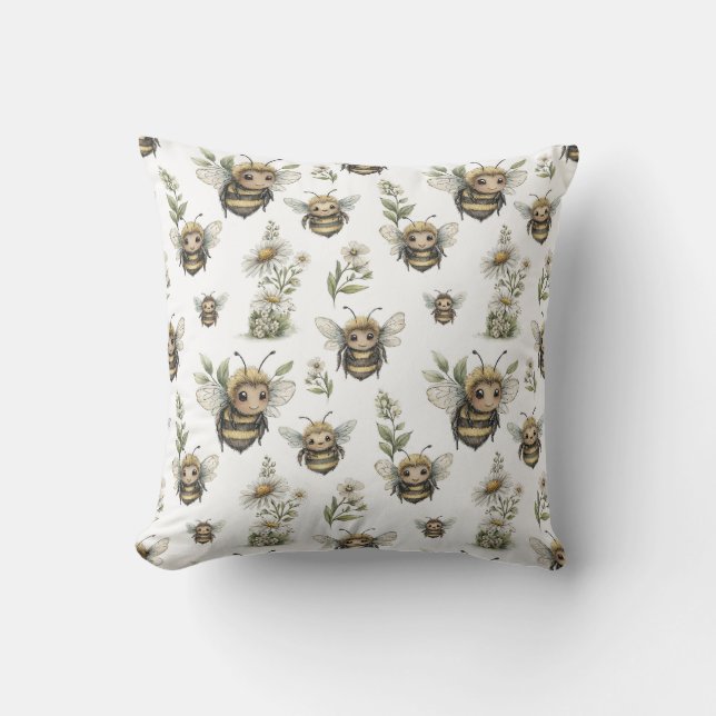 Almofada Cute Watercolor Bumblebee Design | Soft Pastel Bee (Frente)