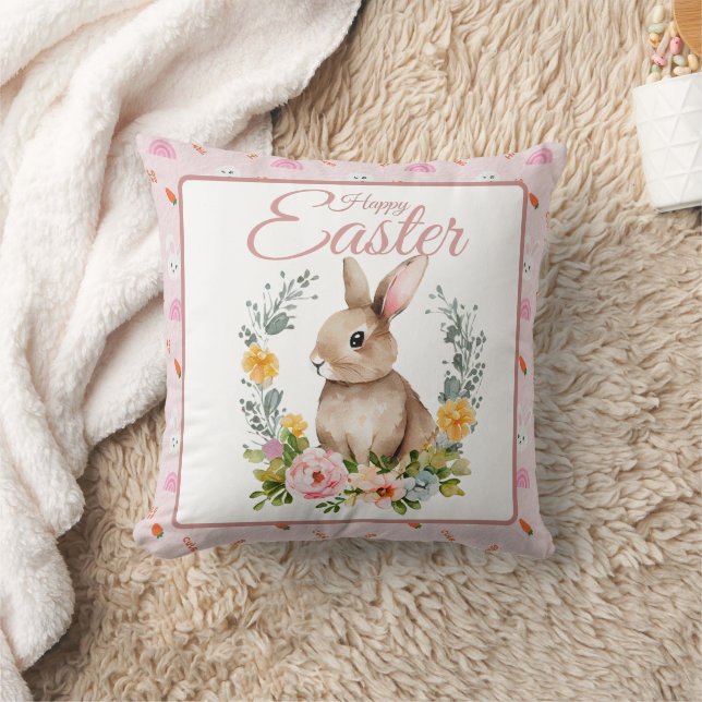 Almofada Cute Watercolor Bunny Floral Wreath Easter (Cobertor)