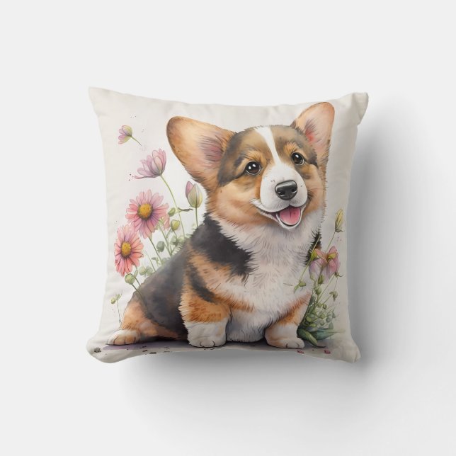Almofada Cute Watercolor Corgi Puppy Dog (Frente)
