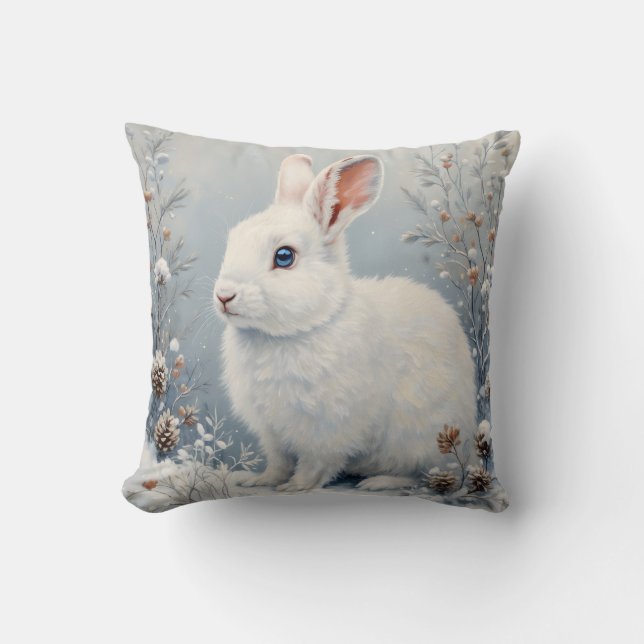 Almofada Cute Winter Bunny – White Rabbit with Blue Eyes (Frente)