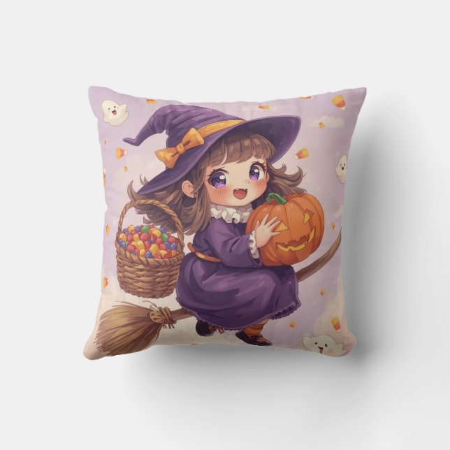 Almofada Cute Witch with Pumpkin Halloween Pillow (Verso)