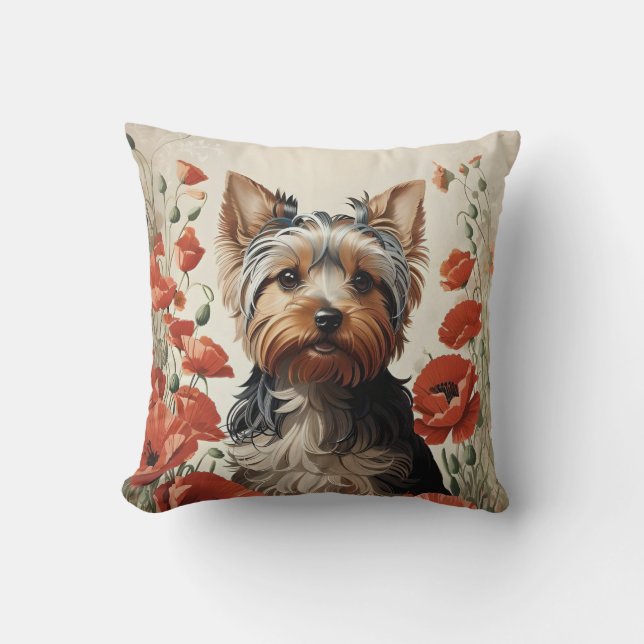 Almofada Cute Yorkshire Terrier Botanical Red Poppies (Frente)