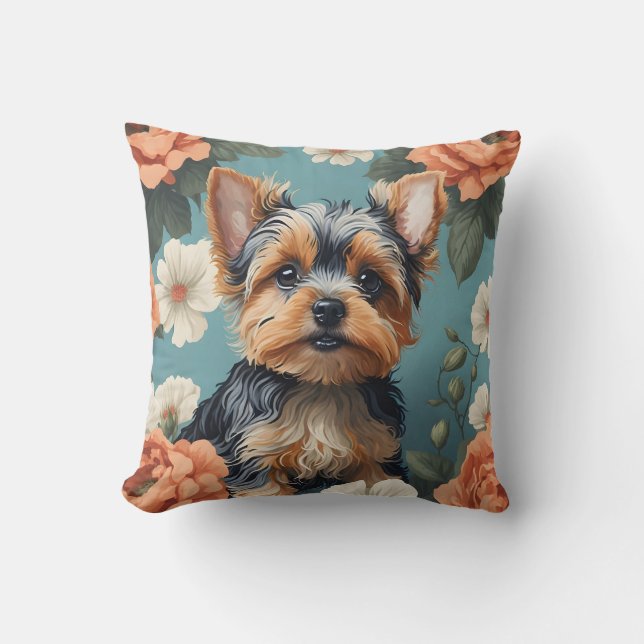 Almofada Cute Yorkshire Terrier Puppy Floral (Frente)