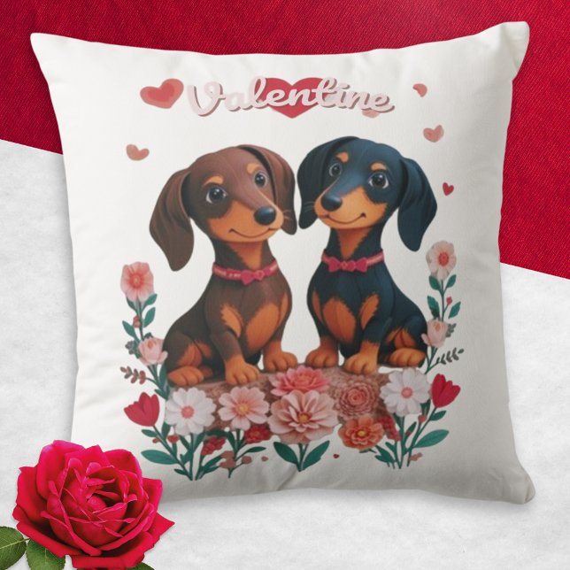 Almofada Dachshols Corações Flores Cães Dia de os namorados (A cute cushion for Valentine's Day, with picture of two dachshunds with hearts and flowers)