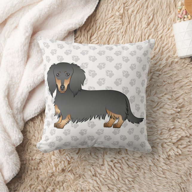 Almofada Dachshund Cartoon de Cabelo Comprido Preto e Casta (Cobertor)