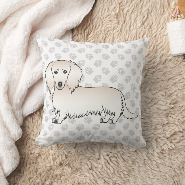 Almofada Dachshund de Cabelo Longo Creme Cachorro de Desenh (Cobertor)