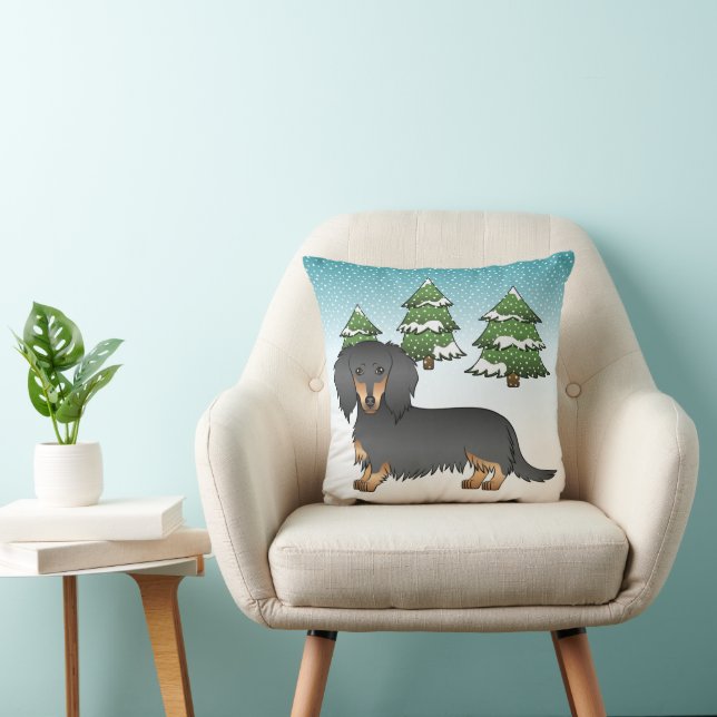 Almofada Dachshund de pelo comprido preto e castanho - Flor (Cadeira)