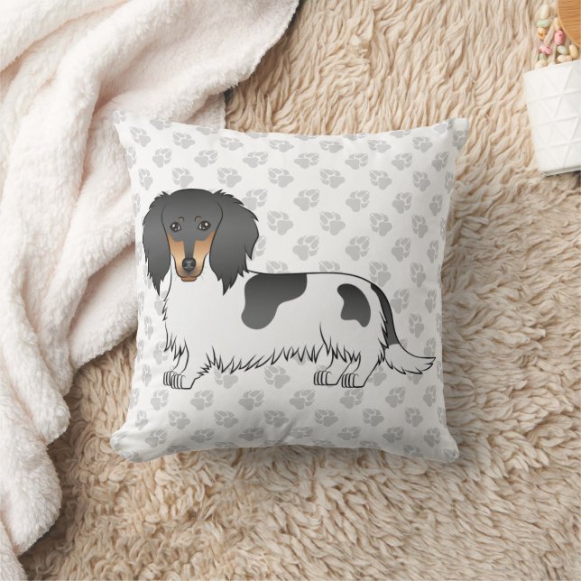 Almofada Dachshund de Pelo Longo Preto e Marrom Piebald & P (Cobertor)