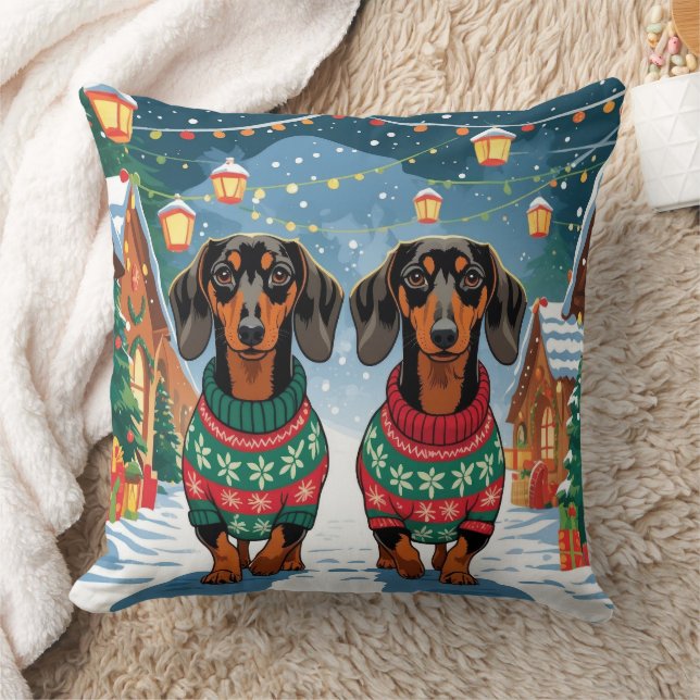 Almofada Dachshund Dogs Christmas Snow Holiday (Cobertor)