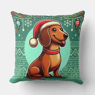Almofada Dachshund Festivo Usando Chapéu de Papai Noel