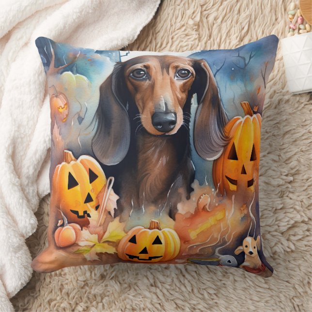 Almofada Dachshund Halloween com Abóboras Assustador (Cobertor)