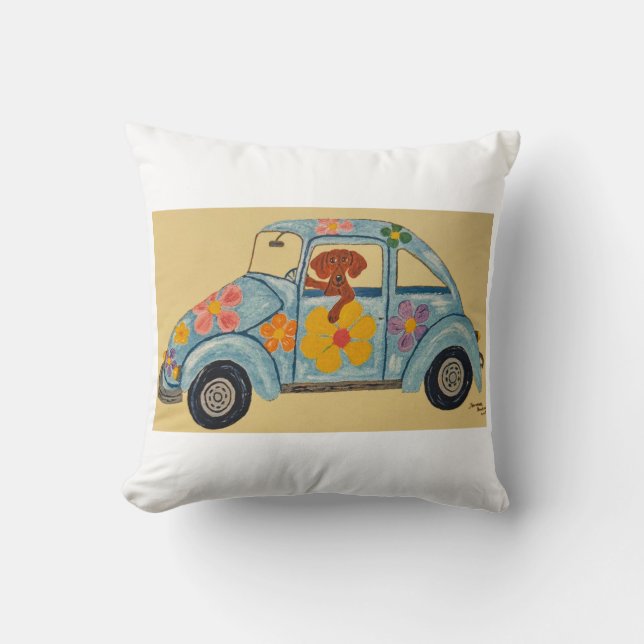 Almofada Dachshund in Hippie car (Frente)