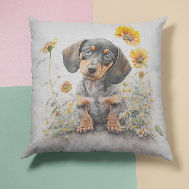 Almofada Dachshund Puppy Travesseiro decorativo Floral (Criador carregado)