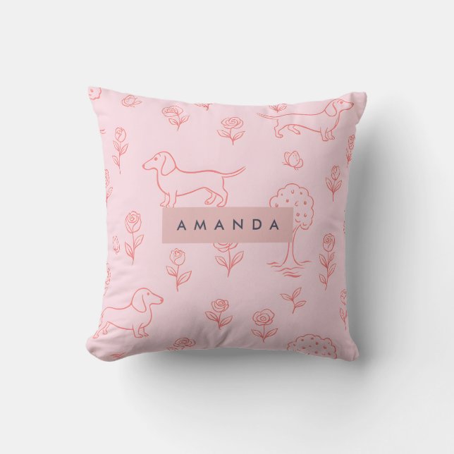 Almofada Dachshund Rosa Personalizado e Flor (Frente)