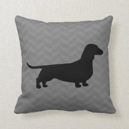Almofada Dachshund Silhouette na Cinza Herringbone Pattern
