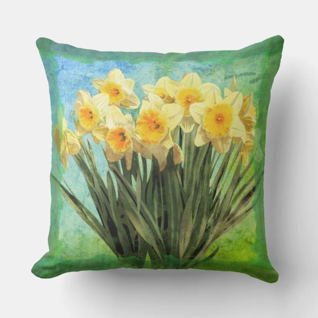 Almofada Daffodils Amarelos em Verde (Frente)
