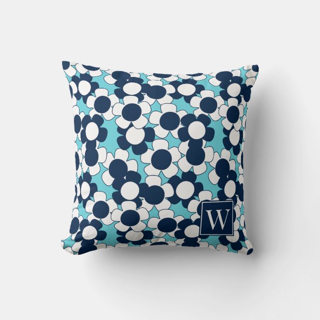 Almofada Daisy Bloom Elegante – Monograma Azul Turquesa e A (Frente)
