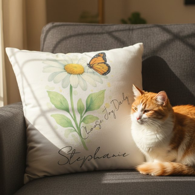 Almofada Daisy Butterfly Throw Pillow - Inspirational Decor (Inspirational Daisy and Monarch Butterfly throw pillow)