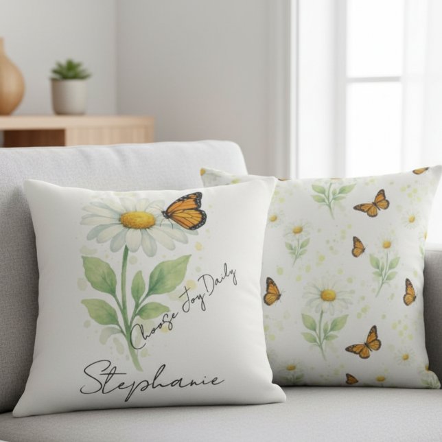 Almofada Daisy Butterfly Throw Pillow - Inspirational Decor (Inspirational Daisy and Monarch Butterfly throw pillow)
