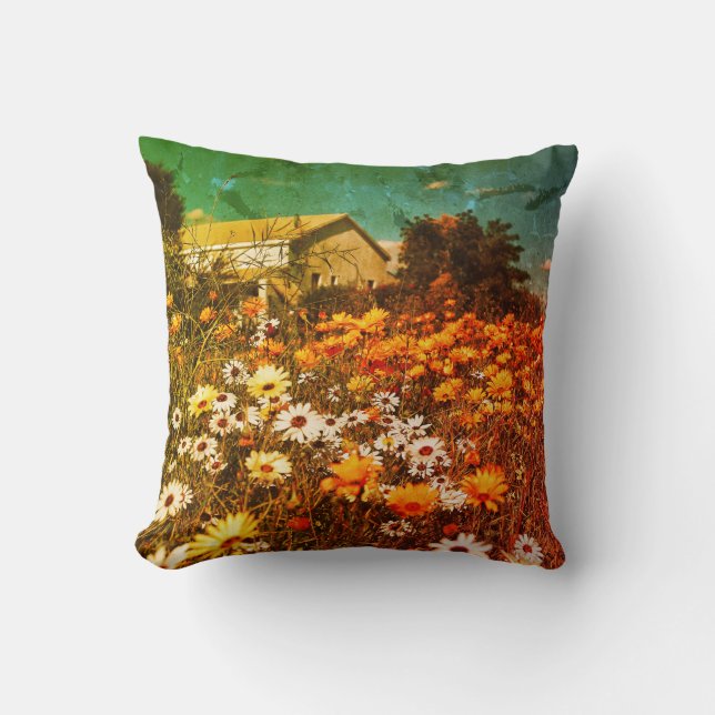 Almofada Daisy Flowers Laranja Blue Cushion Travesseiro dec (Frente)