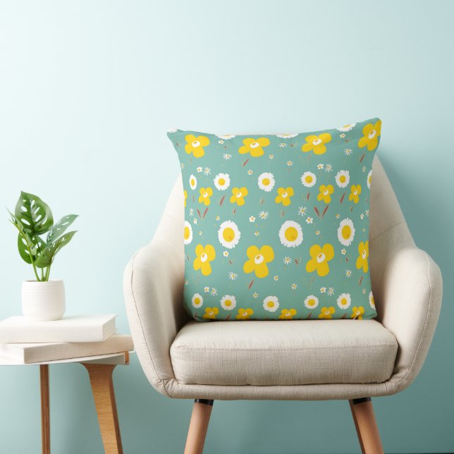 Almofada Daisy Flowy Amarelo Branco Em Verde Teal (Cadeira)