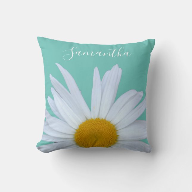 Almofada Daisy Photo Teal Green Elegant White Script (Frente)