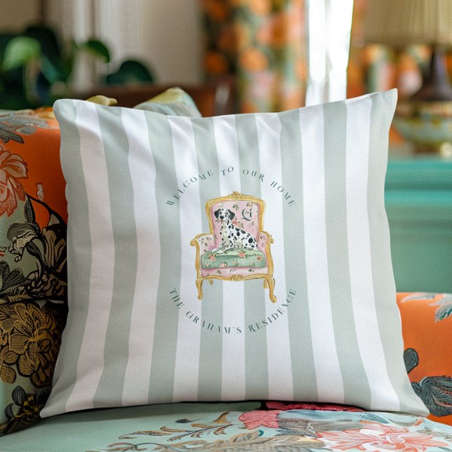 Almofada Dalmatiano Elegante | Bem-vindo com Monograma Pers (Criador carregado)