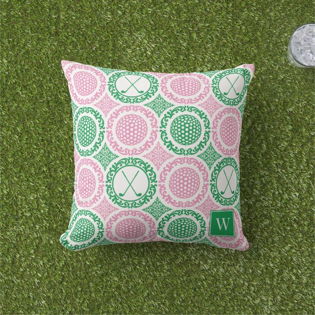 Almofada Damasceno Preppy de Golfe - Bolas e Tacadas - Rosa (Grama)