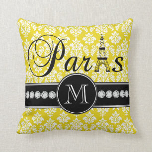 Almofada Damasco amarelo chique Paris Monogrammed