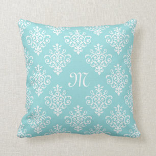 Almofada Damasco azul e branco do Aqua bonito com monograma