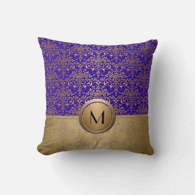 Almofada Damasco de Monograma Azul Real e Dourado (Frente)
