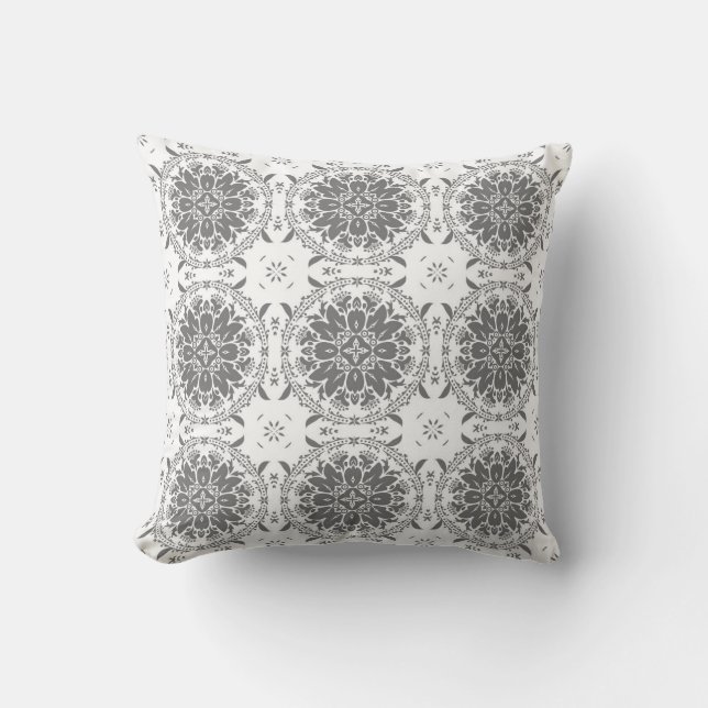 Almofada Damasco de ornamento de folclore branco e cinza (Frente)